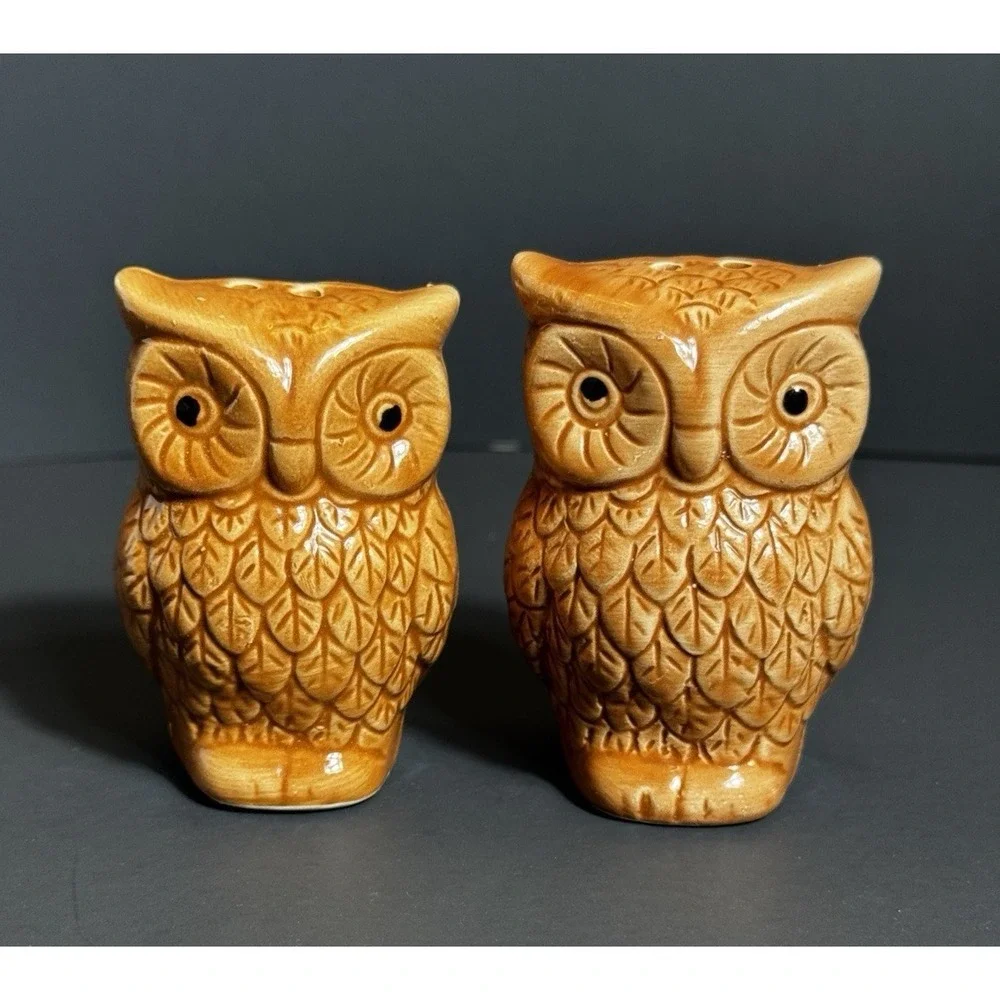 Vintage Style Brown Ceramic Owl Salt and Pepper Shakers Set Glazed Woodland 3in